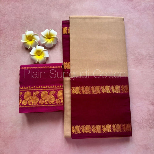 Sungudi cotton retta petta Saree with contrast border and Pallu beige and maroon