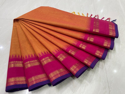 Sangita (संगीता) Vintage Chettinad Kanchi Cotton sarees with temple border in orange Rani pink purple combo