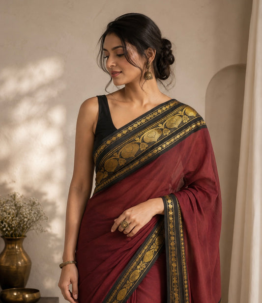 Classic Brown with black Chettinad Cotton Saree with printed blouse