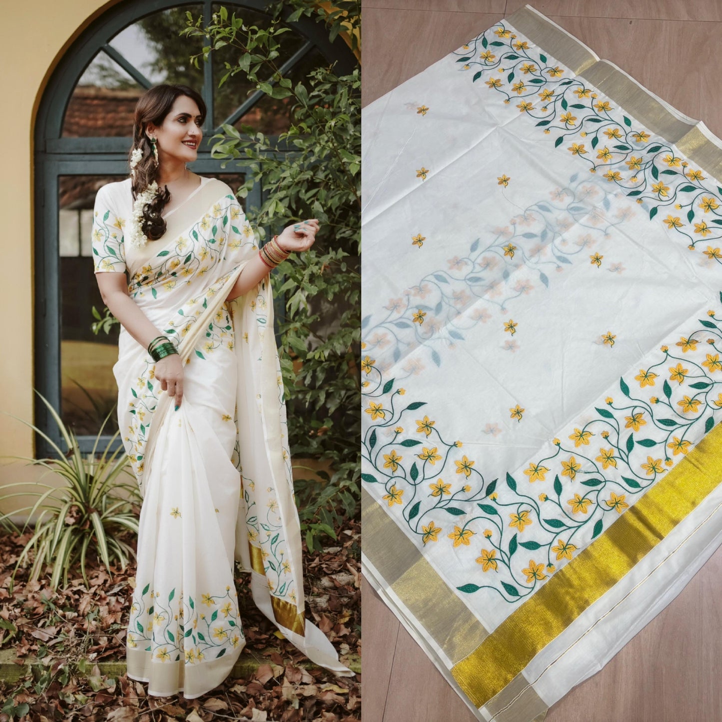 Kanikonna embroidered Kerala cotton Saree Vishu special