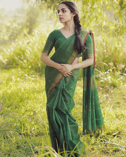 Sangita Chettinad Kanchi striped border Green Saree
