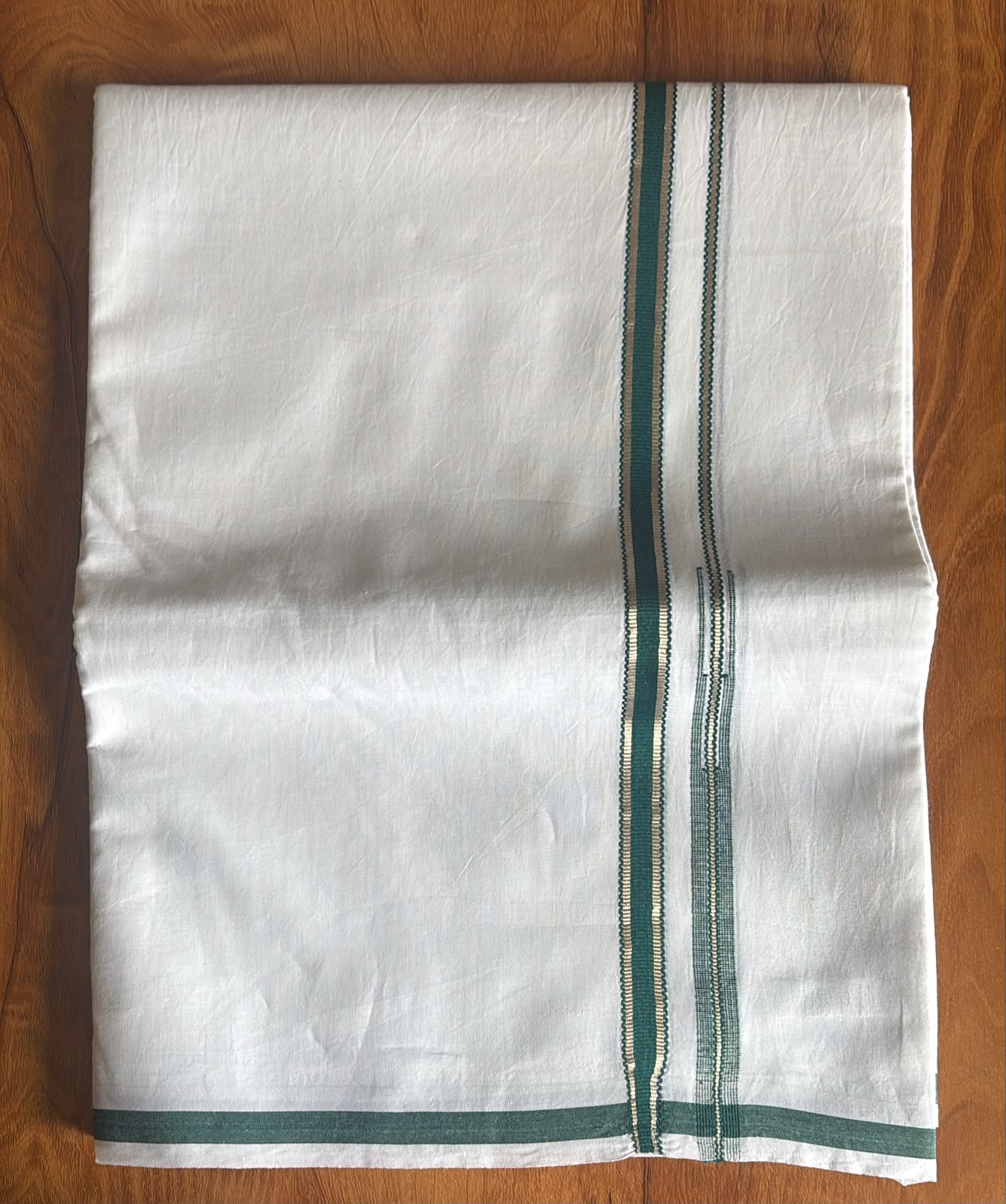 Heritage teal green silver border Bleached white cotton gents single Mundu Dhothi