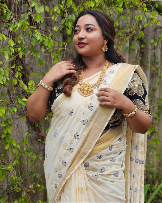 Sarvani Kerala Cotton Embroidered Mul flower Sarees SAR01