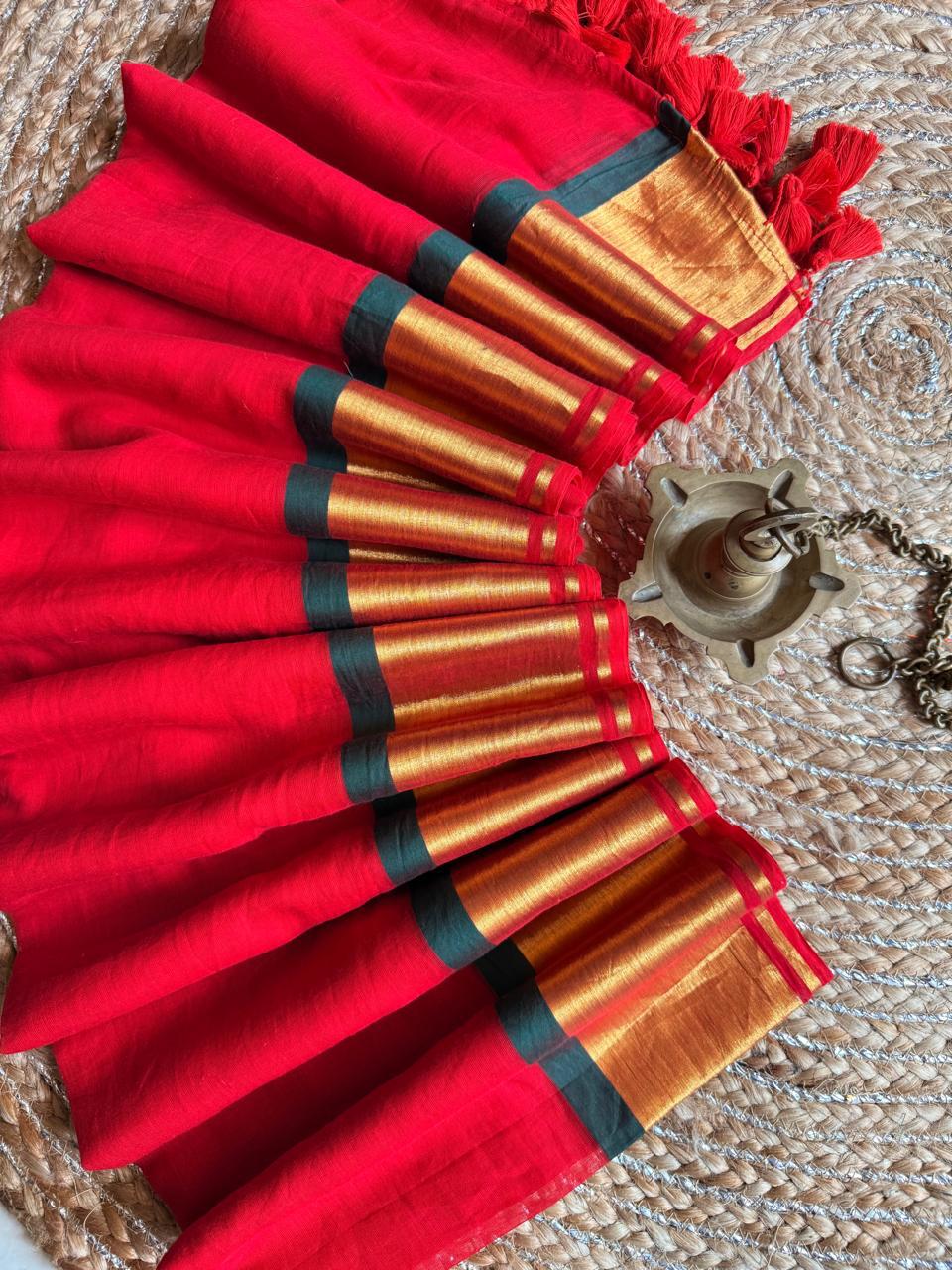 Festive red with green border handloom mal saree