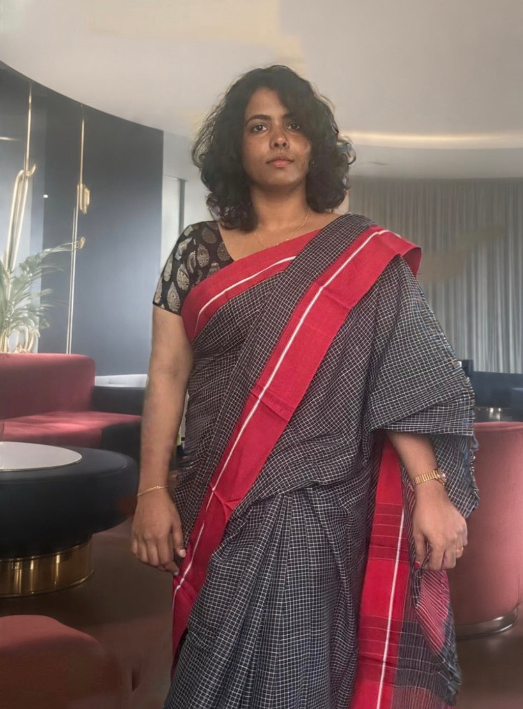 Patteda Aanchu black and maroon cotton  handloom marked Saree