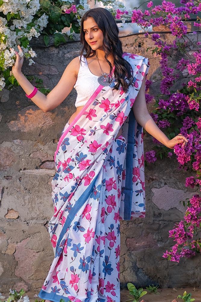 Vasantika (वसन्तिका) Jaipur Hand Block printed Soft Cotton Sarees, white and pink VA08