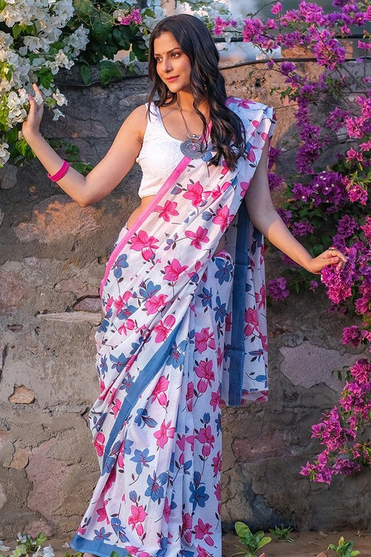 Vasantika (वसन्तिका) Jaipur Hand Block printed Soft Cotton Sarees, white and pink VA08