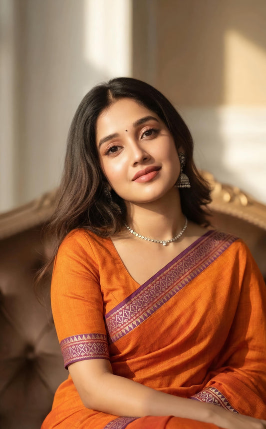Festive Orange Narayanpeth Mercerised cotton Saree