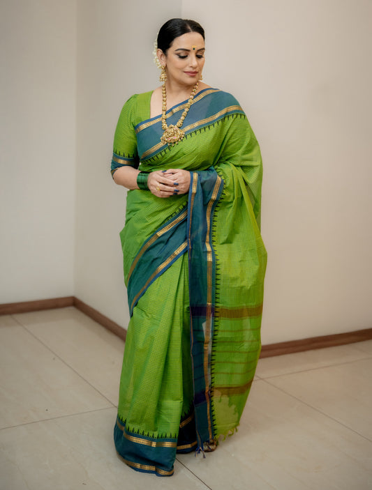 Sangita vintage korvai checks green saree with contrast border Shwetha Menon’s choice