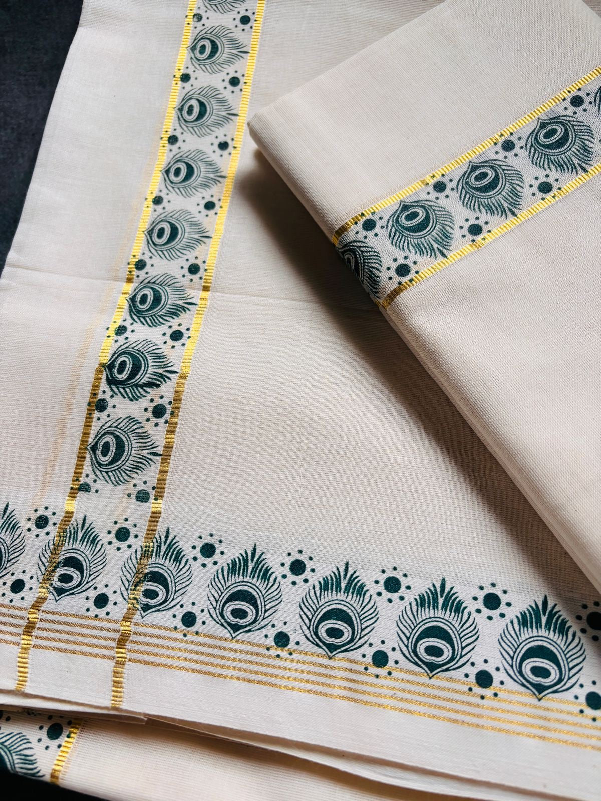 Sarvani Kerala Cotton aalila pattern Single Kasavu Set mundu (green)