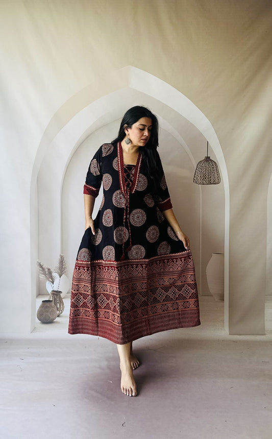 Ajrakh pure cotton one piece dress black with maroon border