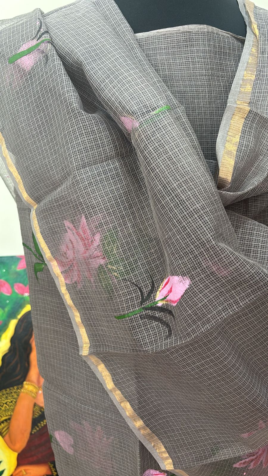 Handpainted Lotus Kota Doria Suit Set Unstitched