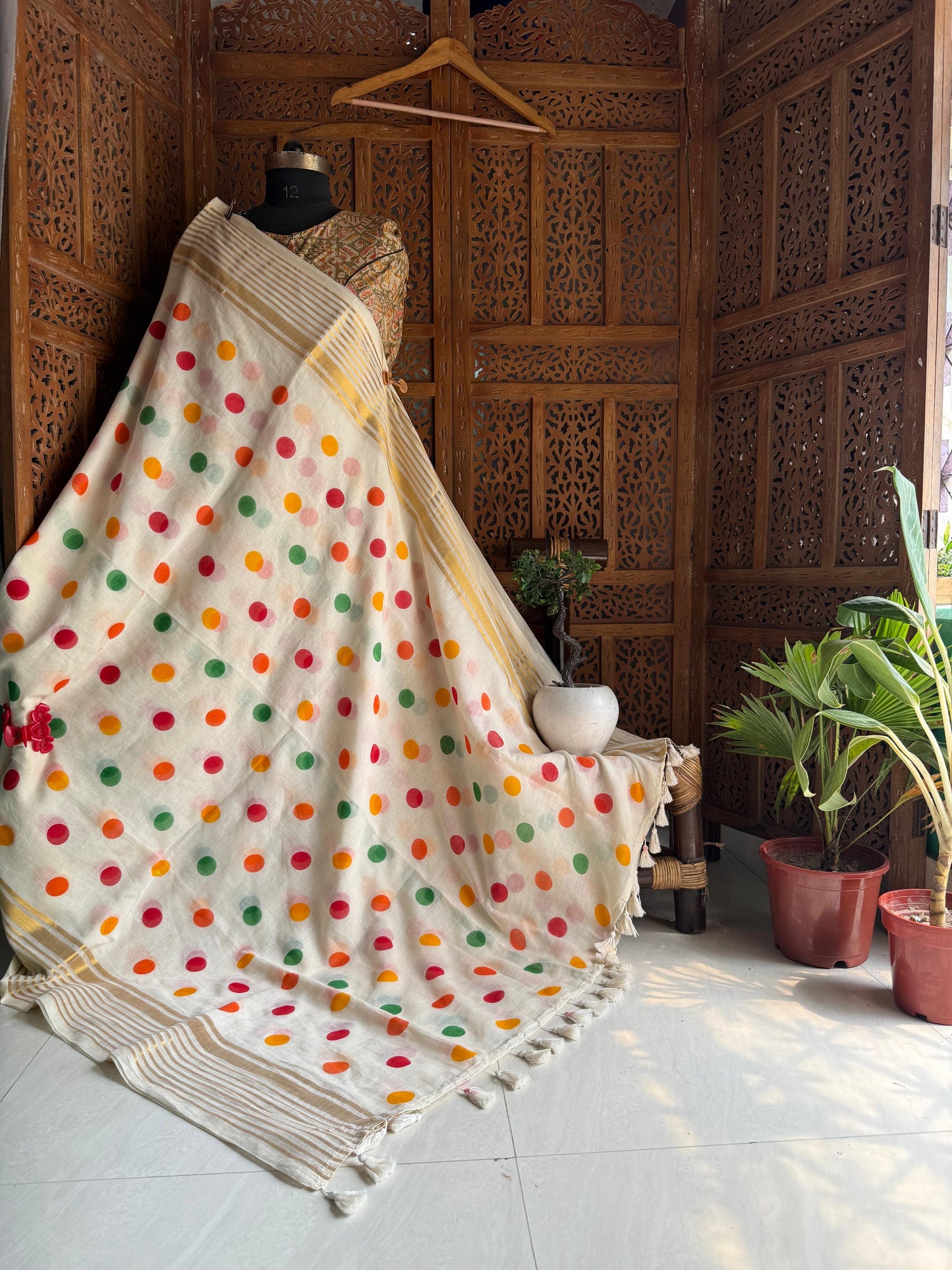 Festive multi colour polka dot handwoven Mul cotton Sarees