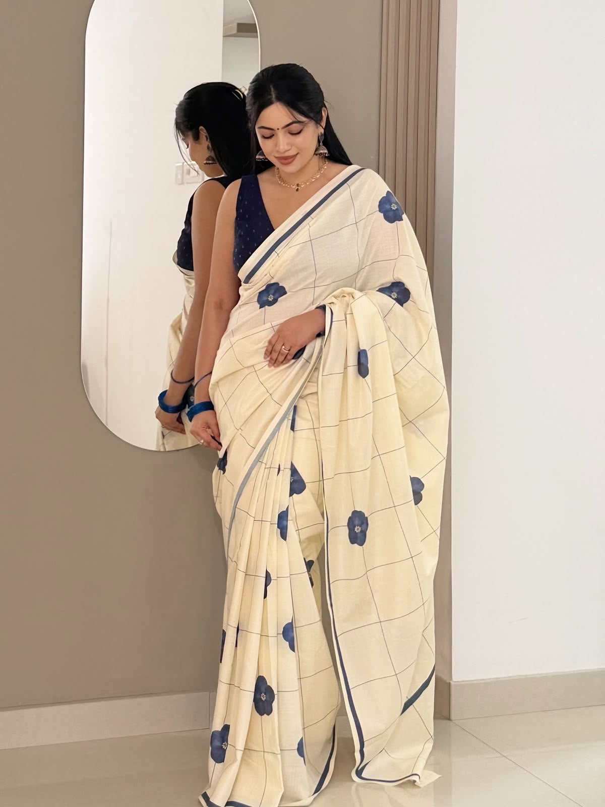 Indigo floral check Saree