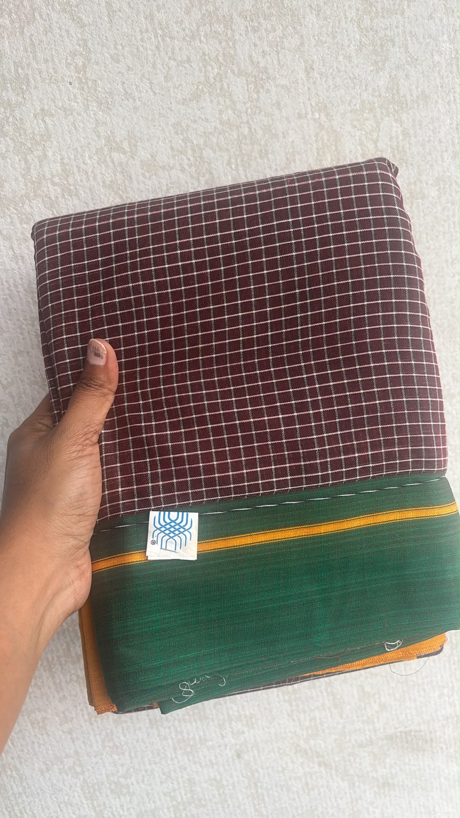 Patteda Aanchu handloom marked brown checks with green and mango yellow ganga jamuna borders PAT05