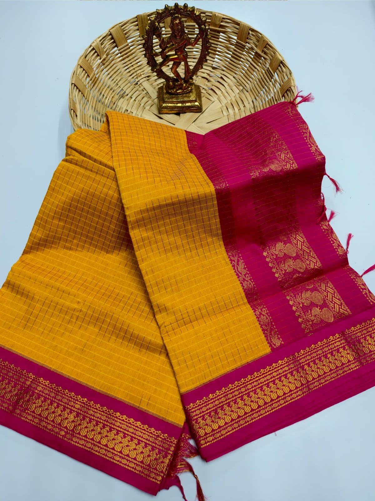 Apsara Kalyani cotton Checks Saree mango yellow and Pink