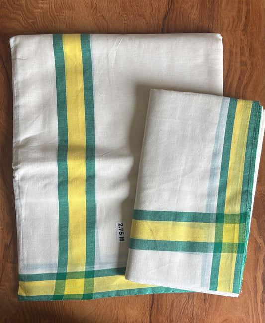 Green and yellow border ours cotton  mulloth set Mundu