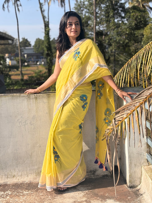 Hand painted handloom Mal cotton Sarees with tassels