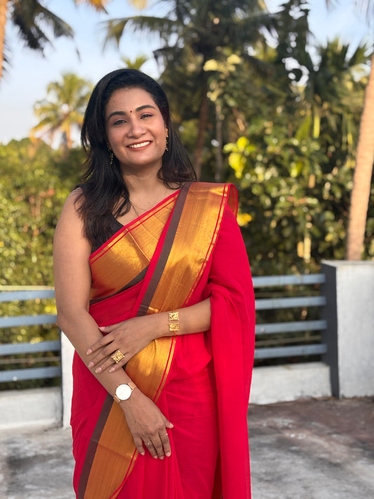 Festive red with green border handloom mal saree