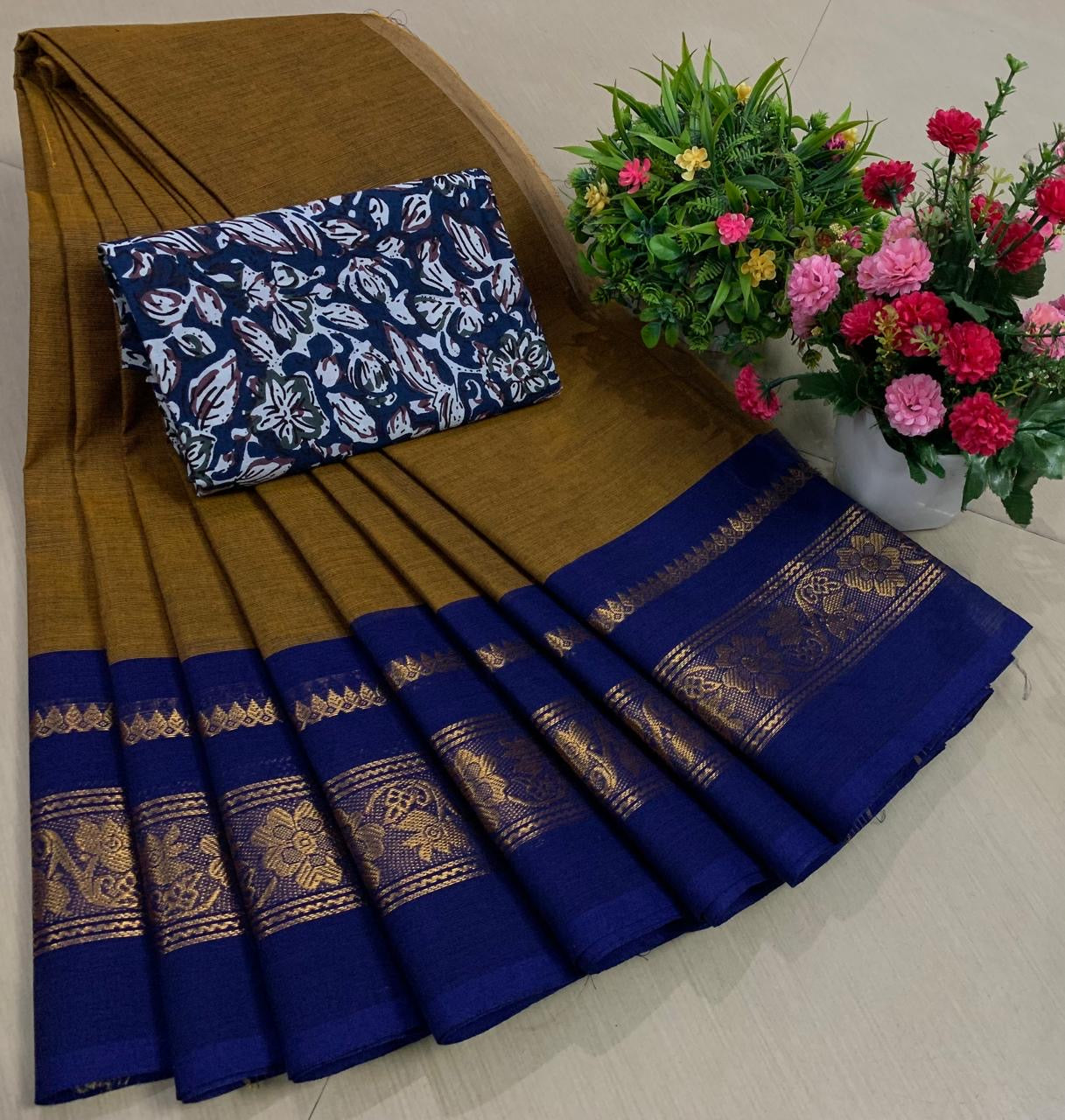 Vintage mustard deep blue combo Chettinad Cotton Saree with blouse