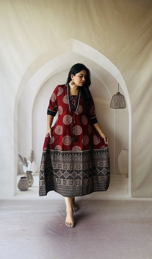 Ajrakh Handblock printed A line cotton dress maroon and black
