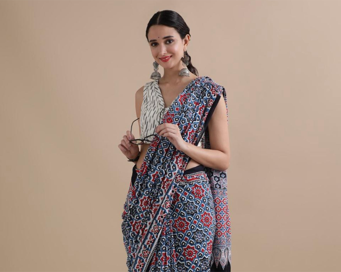 Vasantika (वसन्तिका) Jaipur Hand Block printed Soft Cotton Sarees, Geometric pattern VA05