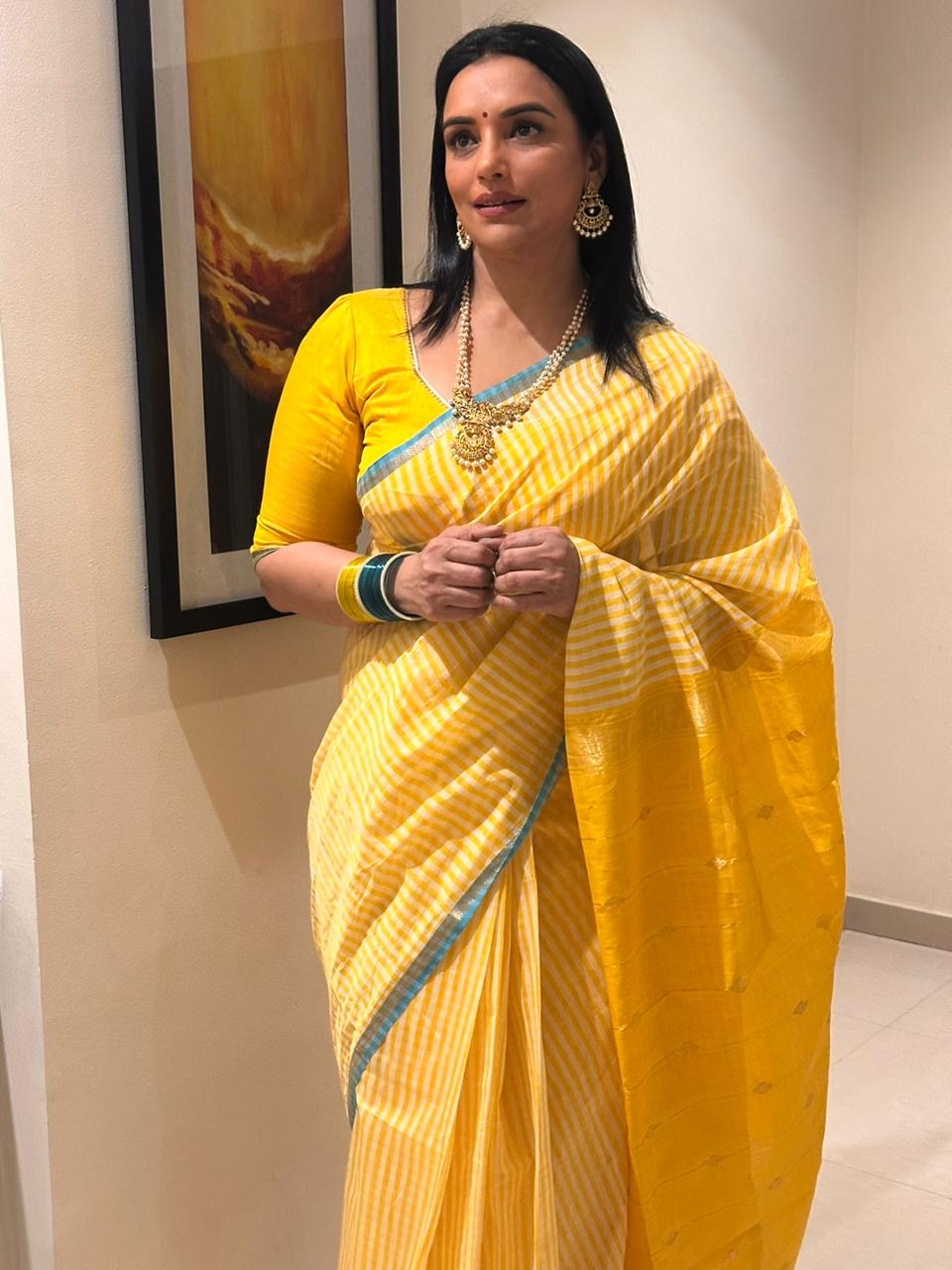 Kalyanika Maheshwari Silk Cotton festive Yellow zari check Sarees Shwetha Menon’s choice