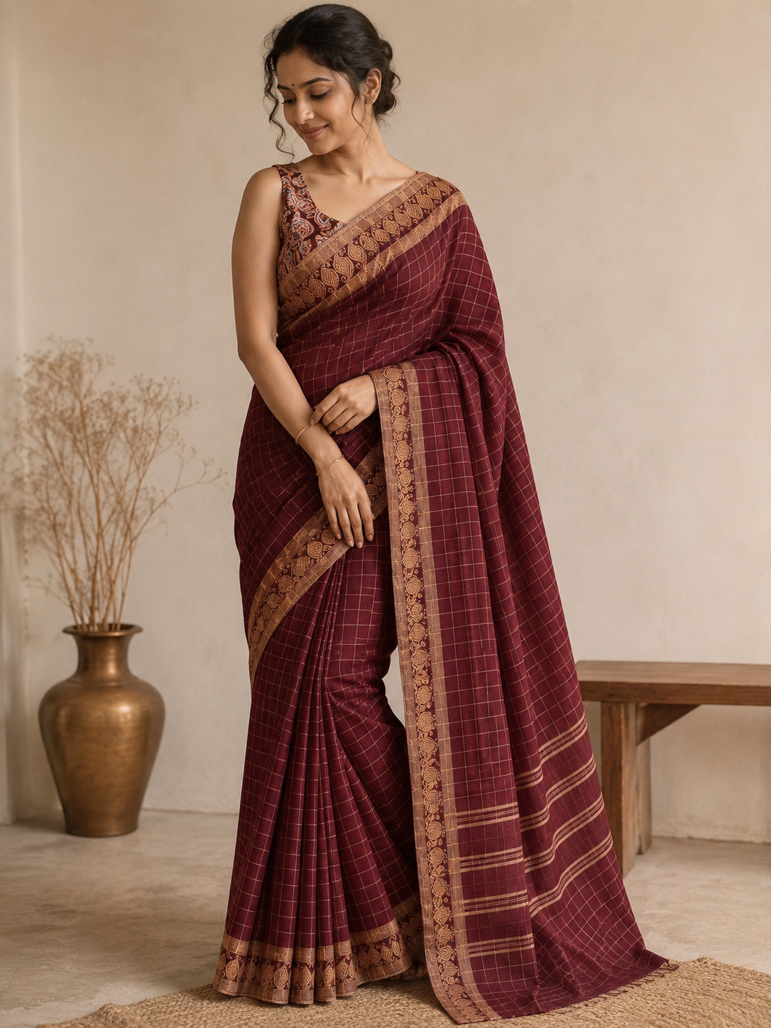 Chettinad Cotton check Sarees with Kalamkari blouse piece