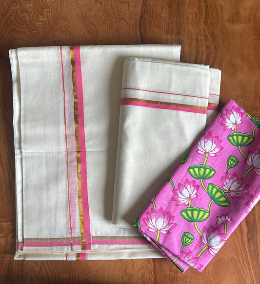 Rose and golden border puliyilakara set Mundu with blouse piece
