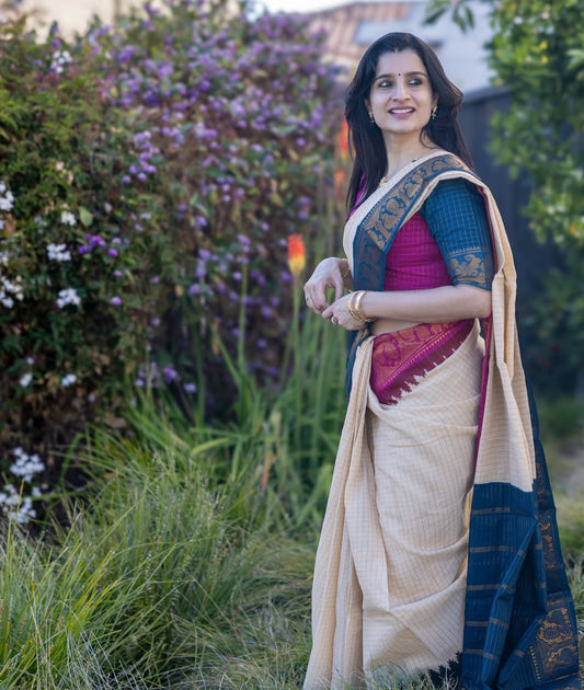 Pre Order: Tarangini ganga jamuna temple border Sungudi cotton saree with blue blouse piece.