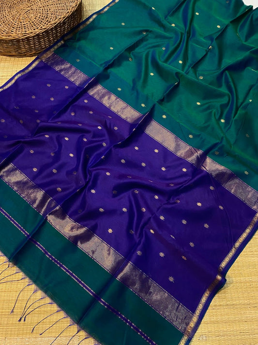 Kalyanika (कल्याणिका) Handloom Maheshwari Silk Cotton Sarees,Peacock green and violet  KM06