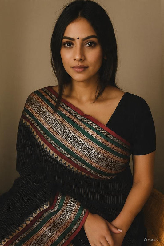 Vrinda वृंदा Narayanpeth Black Striped temple border Vintage Sarees