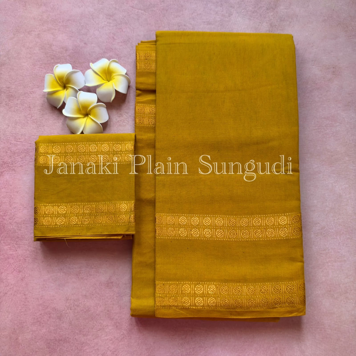 Mathangi Rudraksha border plain Sungudi handloom cotton Saree Mustard