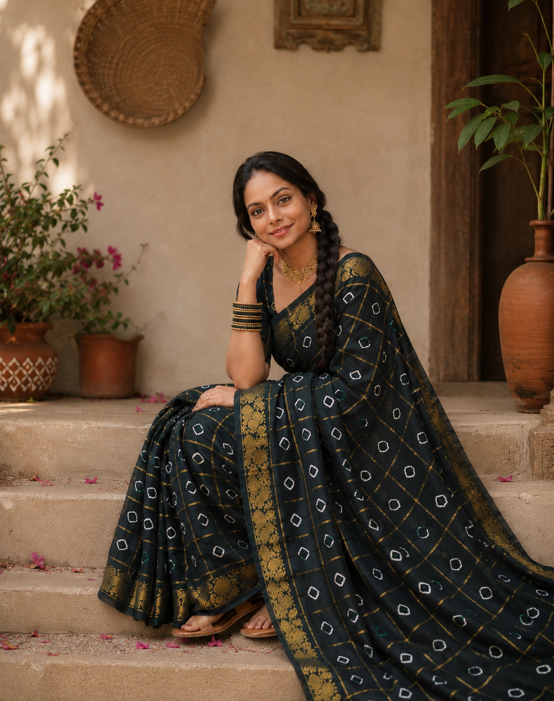 Sulochana bottle green bhandhani Sungudi cotton Saree