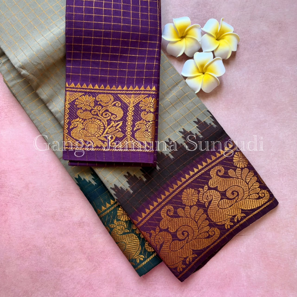 Ganga Jamuna Sungudi Handloom Cotton violet and green border