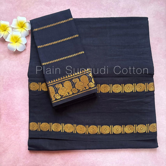 Rudraksha retta petta border black sungudi handloom cotton saree with blouse