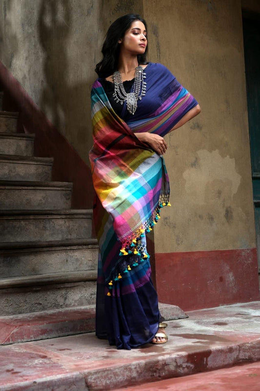 Navy blue Multi colour soft cotton Saree with tassels