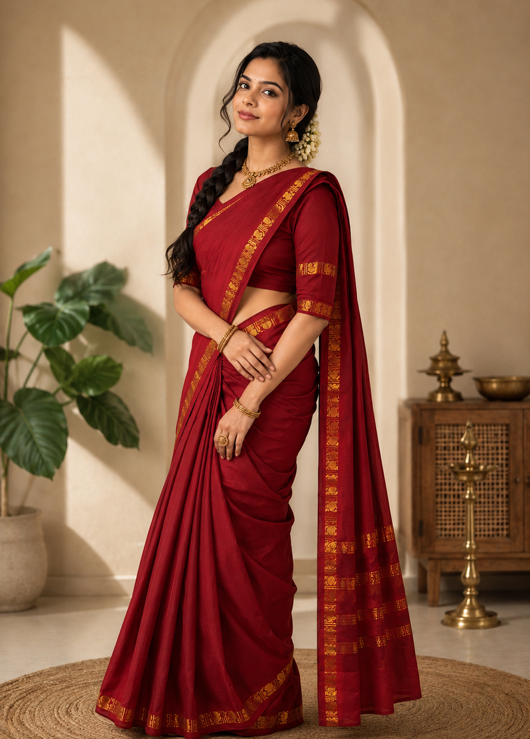Festive Red retta petta border Sungudi Cotton Saree with matching blouse piece