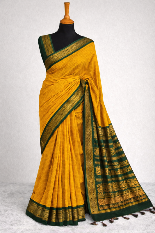 Apsara Kalyani cotton check saree Mustard Yellow and green