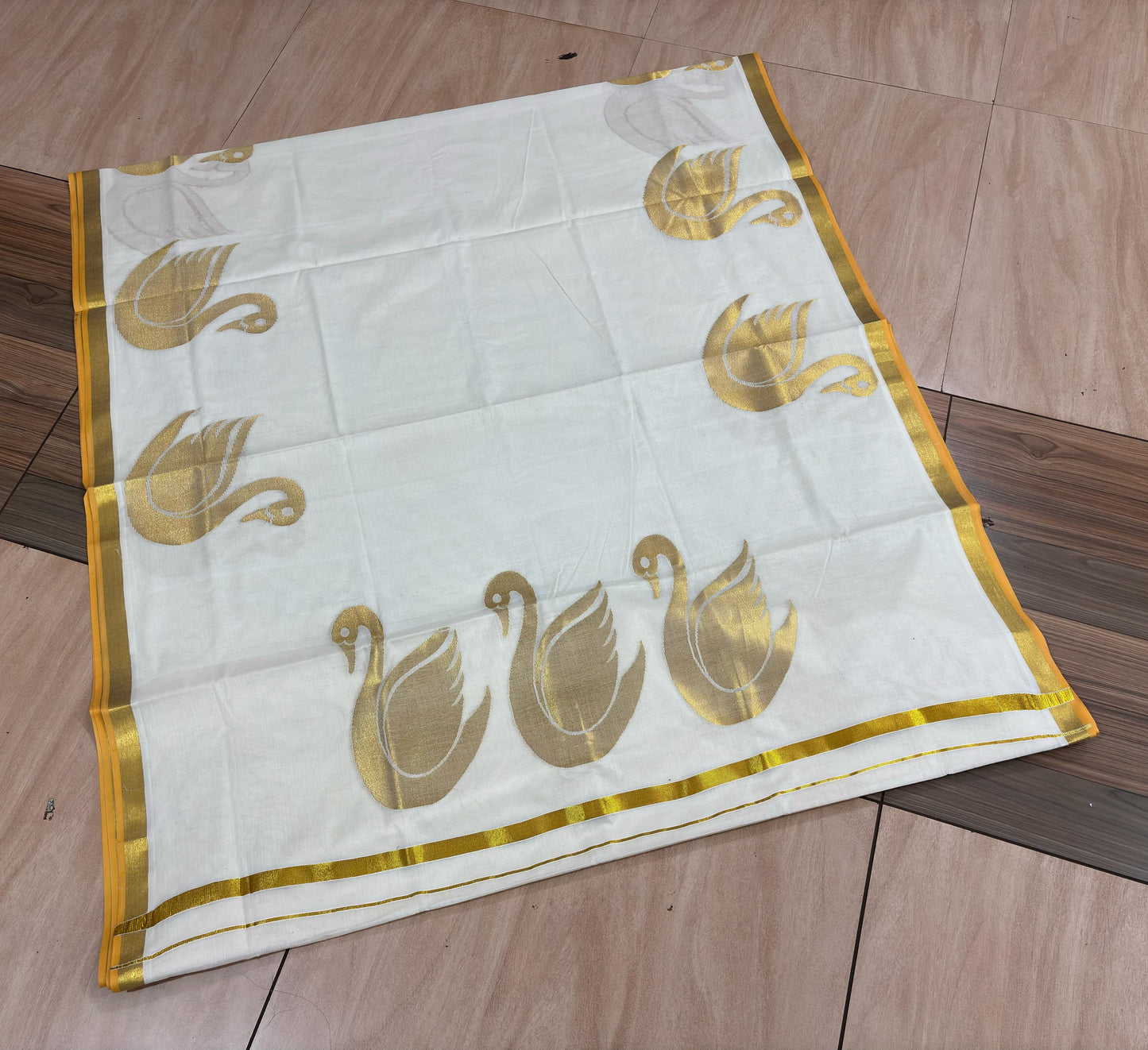 Swan Arayannam design woven Kerala Cotton Kasav Saree