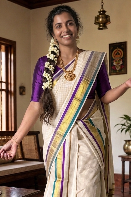 Light weight checkered Kasavu Set Mundu violet and peacock green