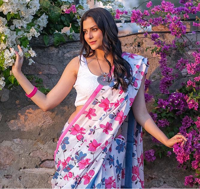 Vasantika (वसन्तिका) Jaipur Hand Block printed Soft Cotton Sarees, white and pink VA08