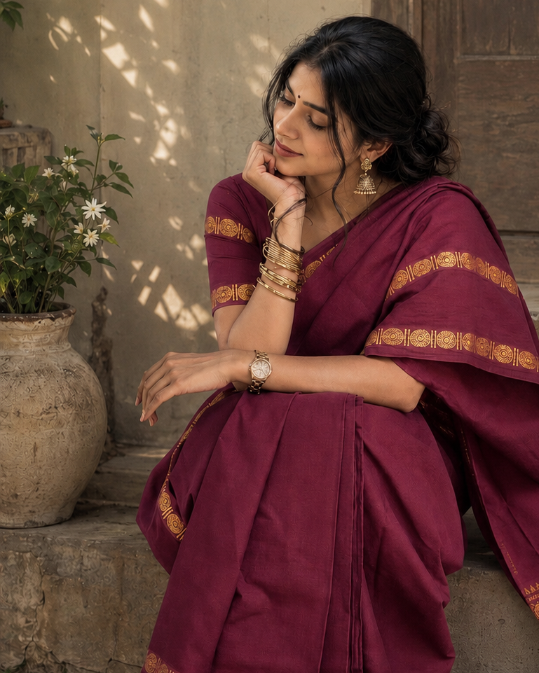 Rudraksha border retta petta Sungudi handloom cotton Saree maroon