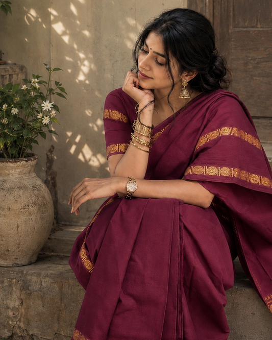 Rudraksha border retta petta Sungudi handloom cotton Saree maroon