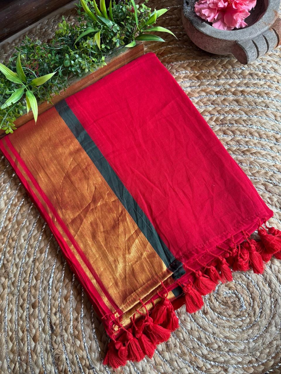 Festive red with green border handloom mal saree