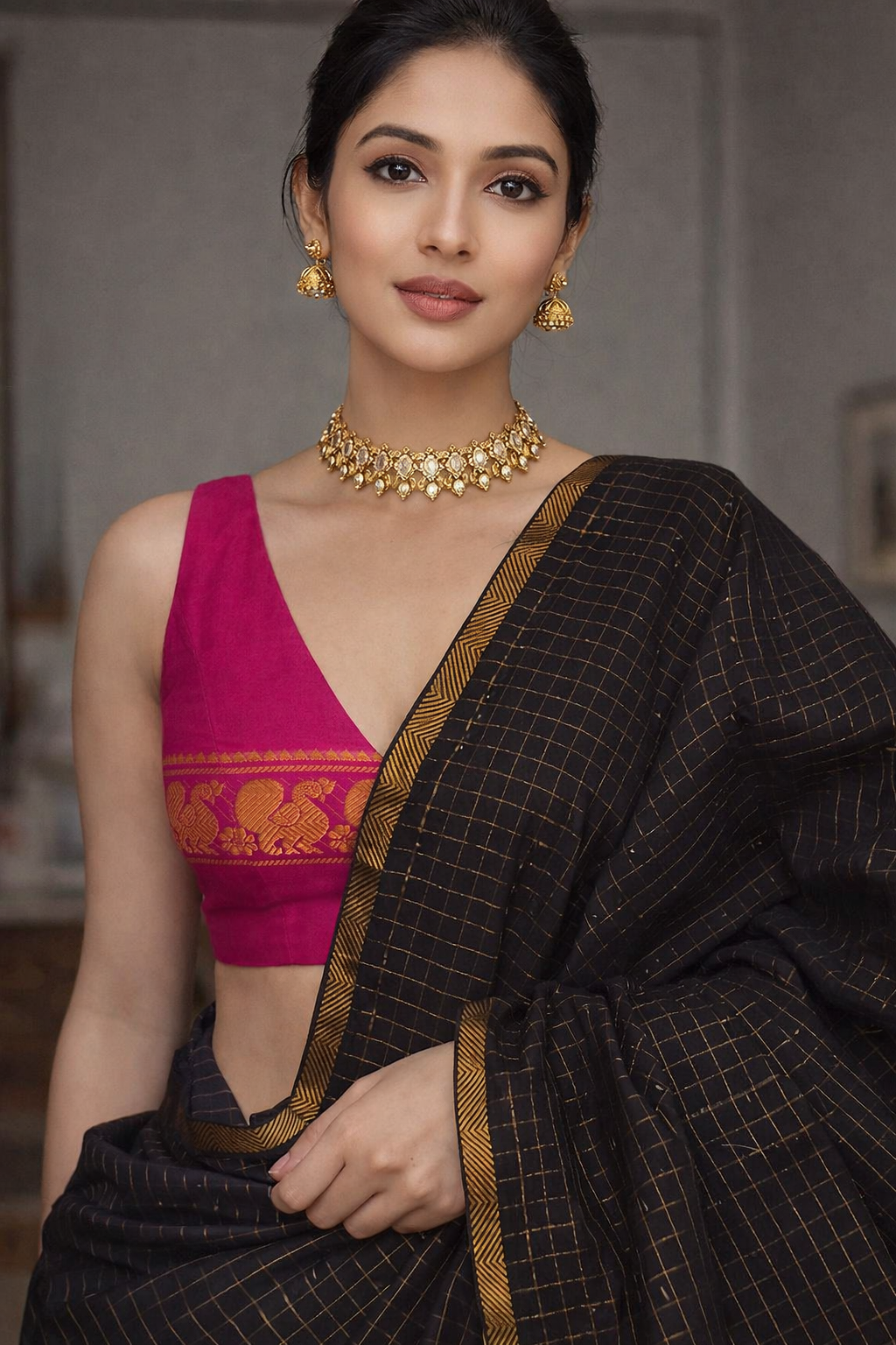 Black and pink combo micro checks pentex border Sungudi cotton Saree