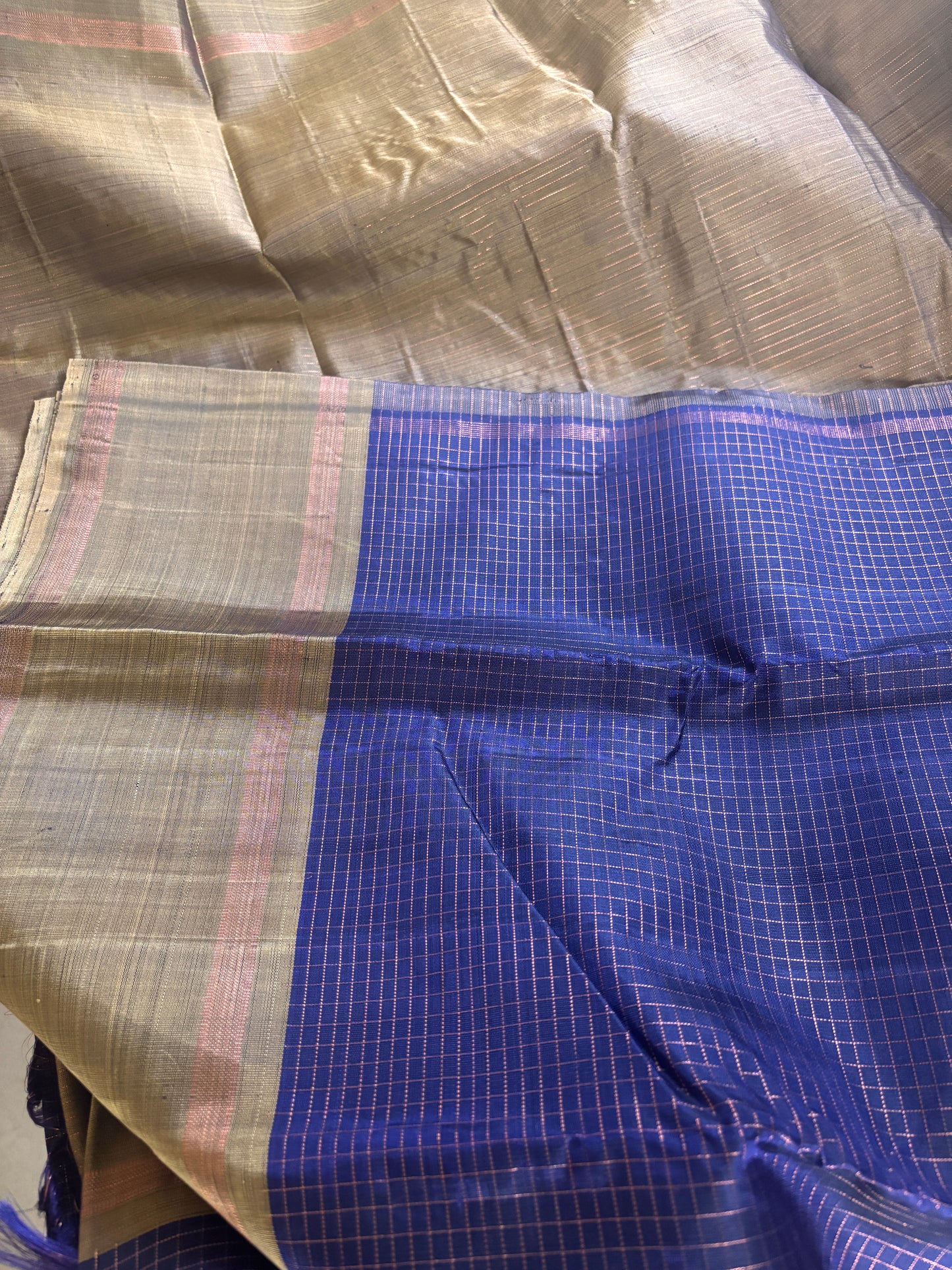Kanjipuram Silk Saree in deep purple with contrast golden brown border