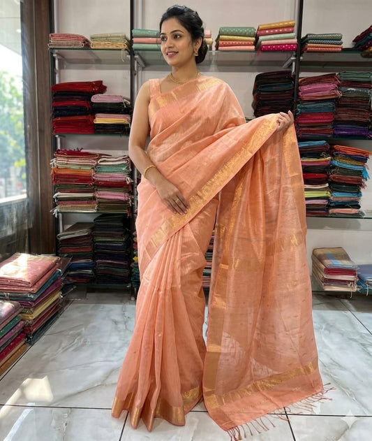 Festive peach Maheshwari handloom silk cotton Saree