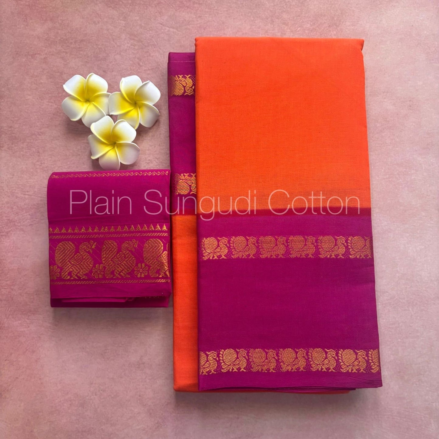Sungudi retta petta border handloom cotton saree with contrast Pallu and blouse orange and pink
