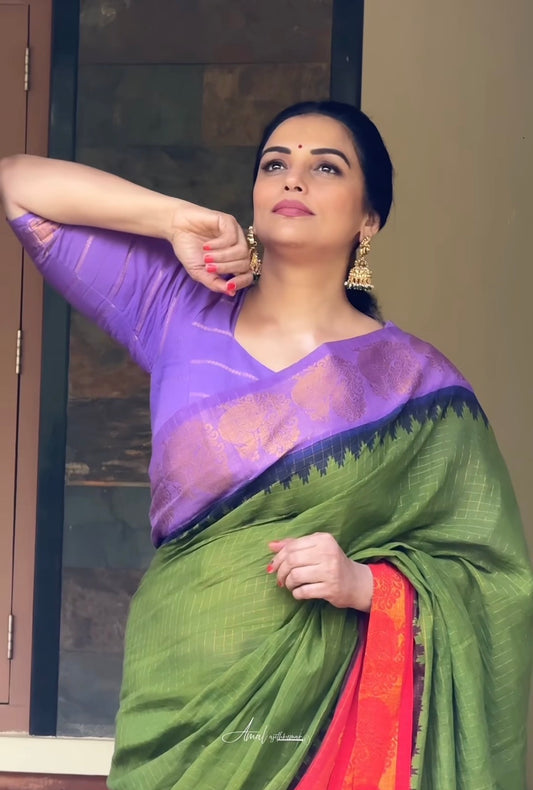 Green body Ganga Jamuna Sungudi Saree with violet and red temple borders Shwetha maam fame